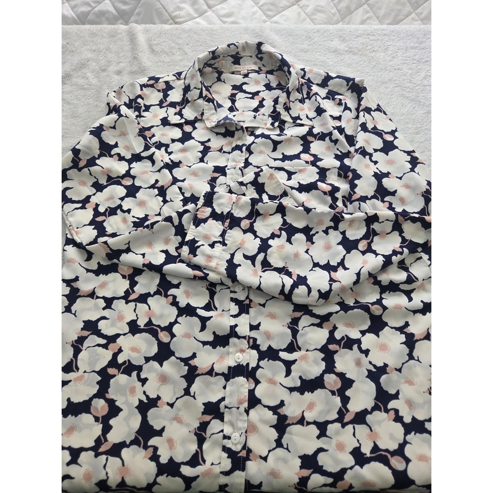 Skies Are Blue Womens Medium Floral Button Up Blouse Navy White Pink Long Sleeve
